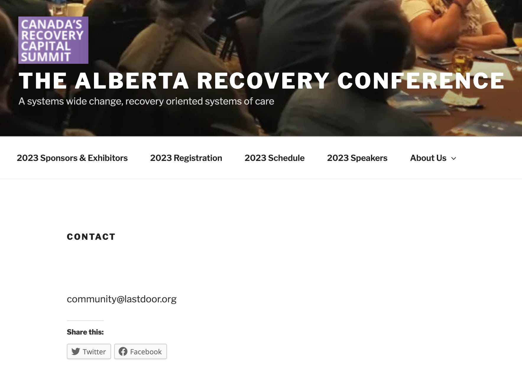 Alberta Recovery Conference web page showing community@lastdoor.org as primary contact