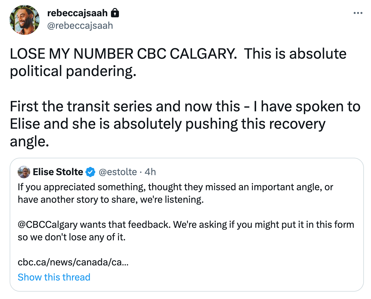 Dr Rebecca Haines-Saah telling CBC Calgary to lose her number. She's clearly lost patience after a stigmatizing Calgary transit news series last summer, and this latest escapade with Marshall Smith.