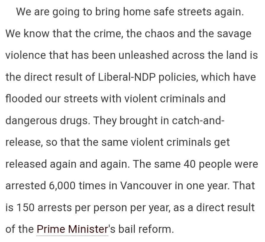 We are going to bring home safe streets again. We know that the crime, the chaos and the savage violence that has been unleashed across the land is the direct result of Liberal-NDP policies, which have flooded our streets with violent criminals and dangerous drugs. They brought in catch-and-release, so that the same violent criminals get released again and again. The same 40 people were arrested 6,000 times in Vancouver in one year. That is 150 arrests per person per year, as a direct result of the Prime Minister's bail reform.