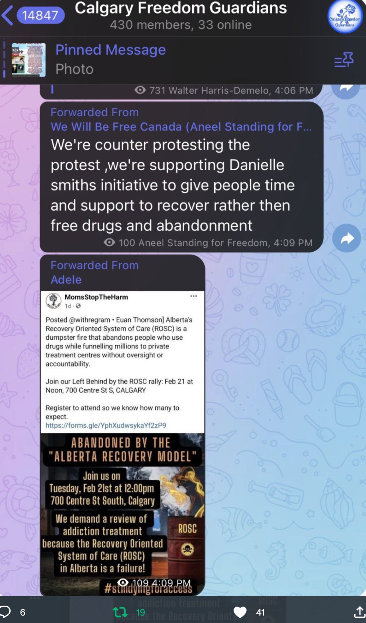 Telegram message from Calgary freedom guardians showing intention to counter protest our protest, in support of Daniel Smith's initiative to give people time and support to recover rather than free drugs and abandonment. The site a post about the protest by moms stop the harm. the telegram post has 19 reposts and 41 likes.