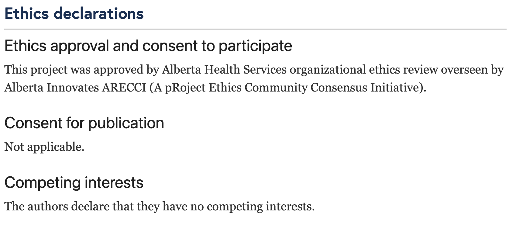 Ethics declarations Ethics approval and consent to participate This project was approved by Alberta Health Services organizational ethics review overseen by Alberta Innovates ARECCI (A pRoject Ethics Community Consensus Initiative).  Consent for publication Not applicable.  Competing interests The authors declare that they have no competing interests.