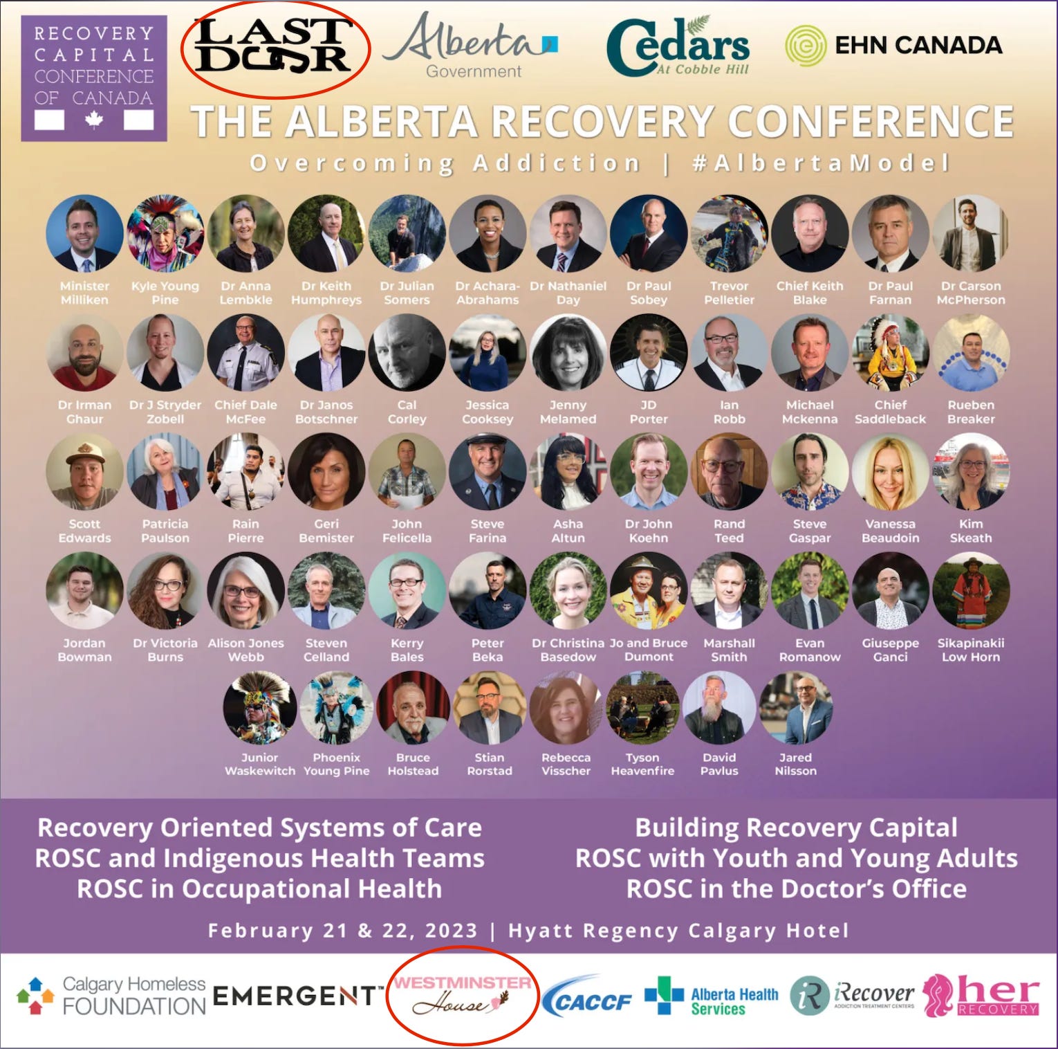 The Alberta Recovery Conference: Overcoming Addiction. Speakers and sponsors shown on the poster. Sponsors include Last Door and Westminster House.