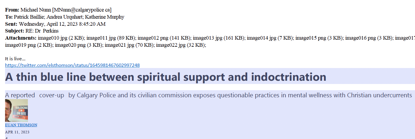 Email screenshot showing title of an article: A thin blue line between spiritual support and indoctrination.