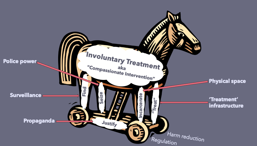 Image of a wooden horse on wheels with "Involuntary Treatment" written in its belly. Below, the words "Find, Seize, Incarcerate, Treat" make up the wooden legs. The base of the structure is labelled "Justify".