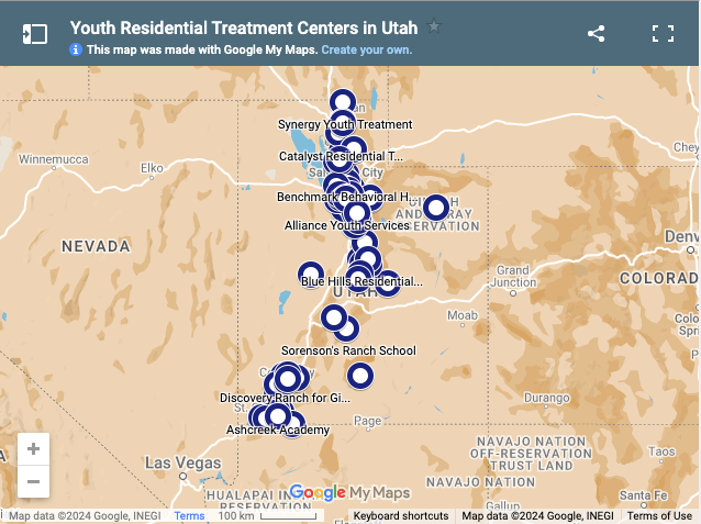 A map showing around 100 locations of treatment centres largely concentrated along the primary north-south highway across Utah.