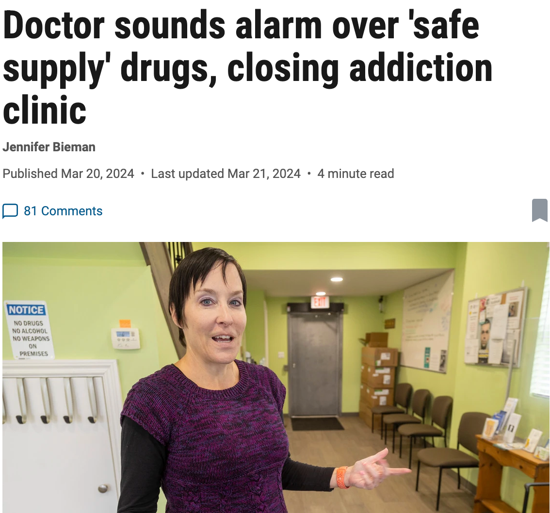 Doctor sounds alarm over 'safe supply' drugs, closing addiction clinic.