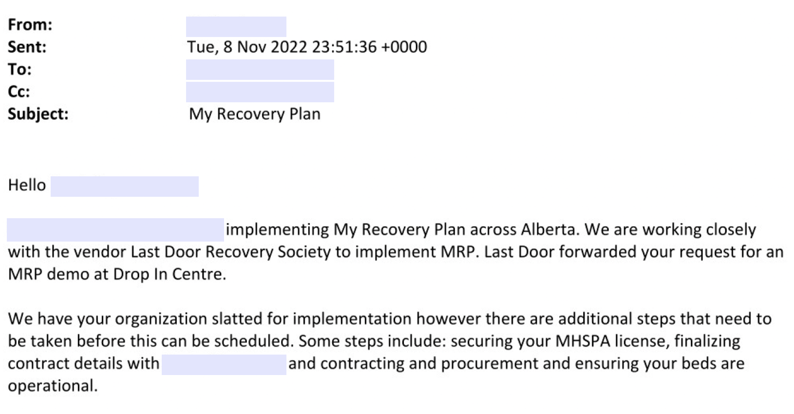 Email showing that Calgary Drop-In was implementing My Recovery Plan in November 2022.