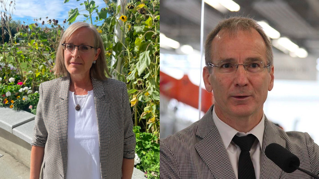 Two photos: One of a a middle-aged woman posing for a photo with a garden backdrop, and the other of a middle-aged man speaking into a microphone.