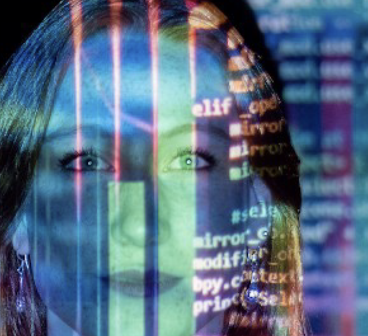 Photo of a woman's face with kaleidoscopic bars of colour overlaid, containing bits of computer code.