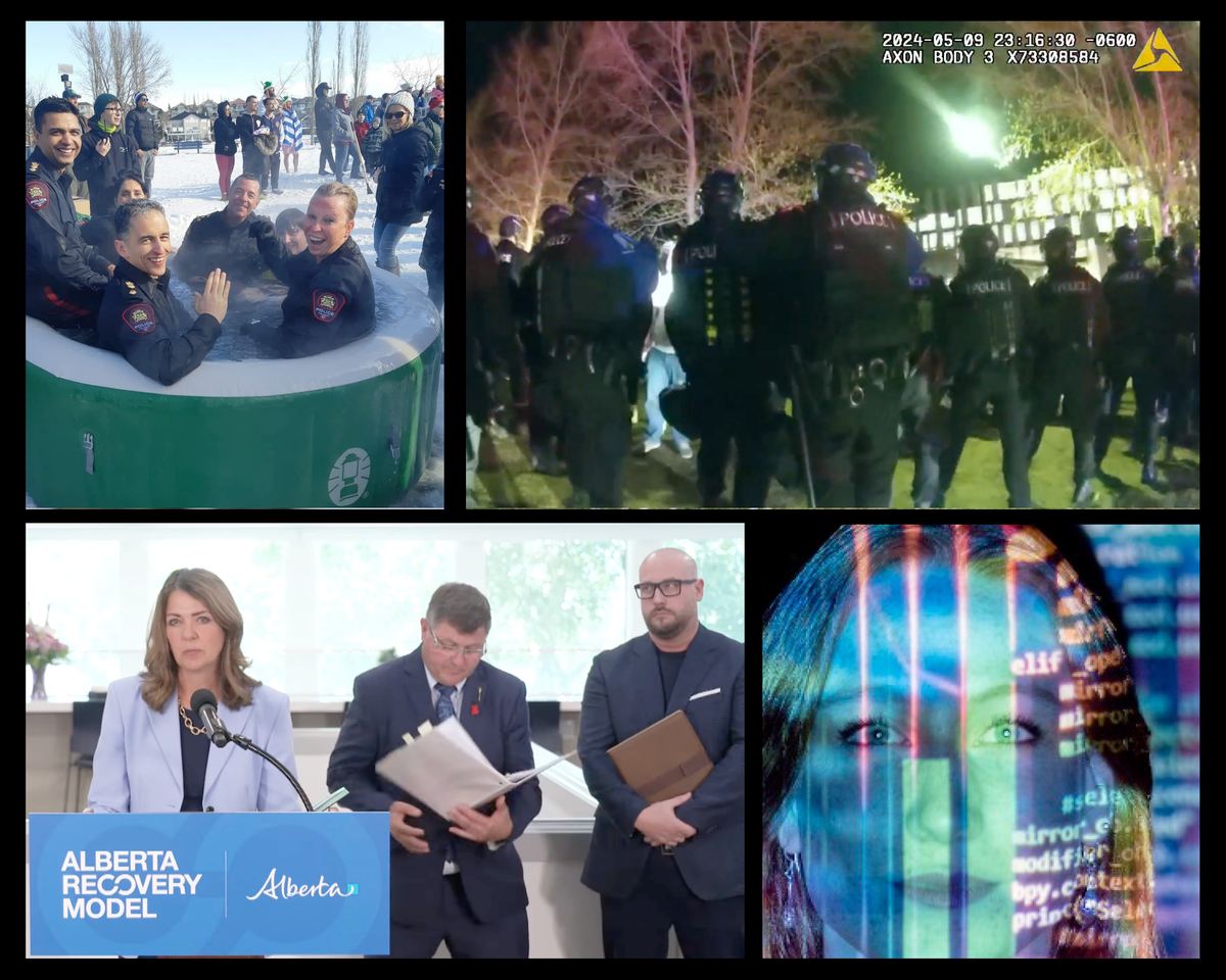 A collage of cover photos from Drug Data Decoded stories this year, including Calgary police top brass in a hot tub.